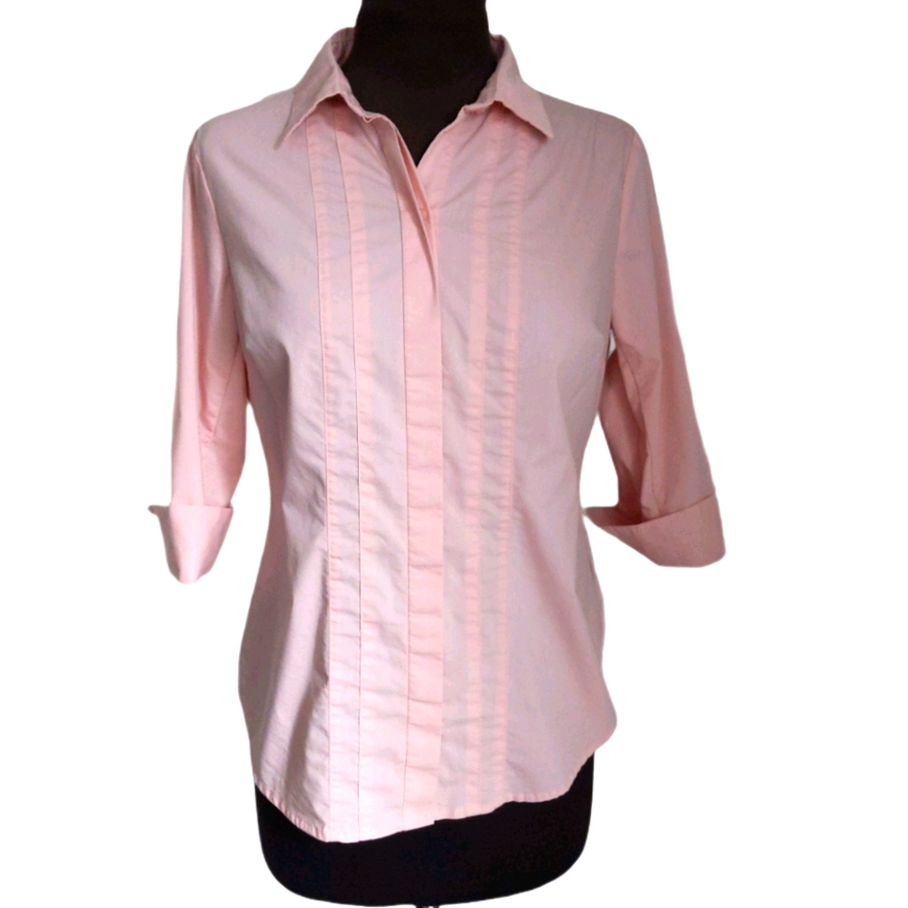 Worthington Petite Button Front Shirt Pink Pleated